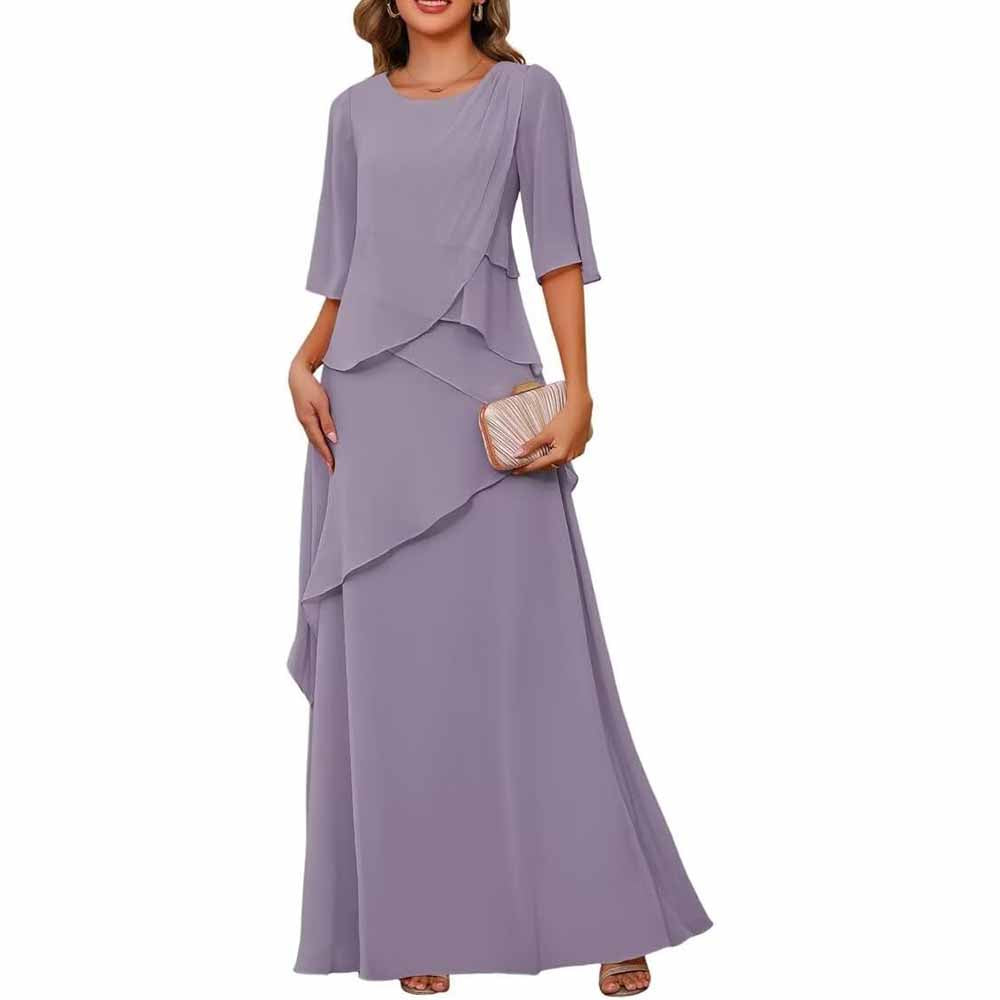 Long Sleeve Mother of The Bride Dresses Chiffon Ruffles Formal Evening Gowns With Sleeves