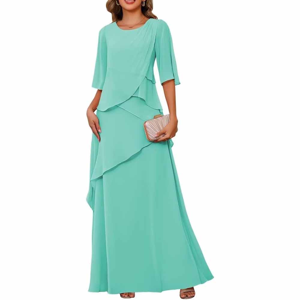 Long Sleeve Mother of The Bride Dresses Chiffon Ruffles Formal Evening Gowns With Sleeves