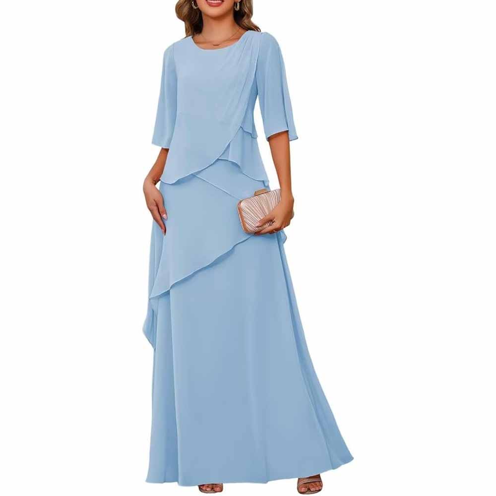 Long Sleeve Mother of The Bride Dresses Chiffon Ruffles Formal Evening Gowns With Sleeves