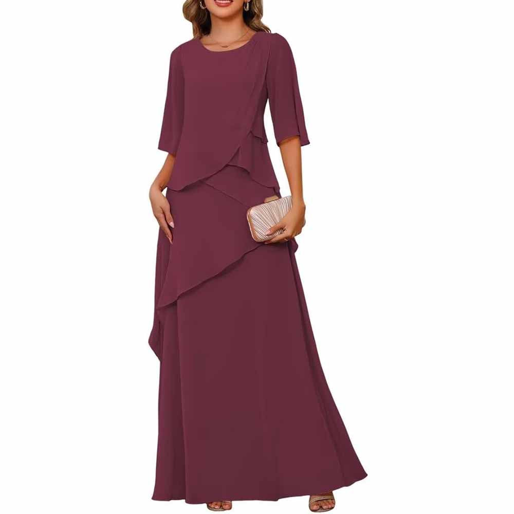 Long Sleeve Mother of The Bride Dresses Chiffon Ruffles Formal Evening Gowns With Sleeves