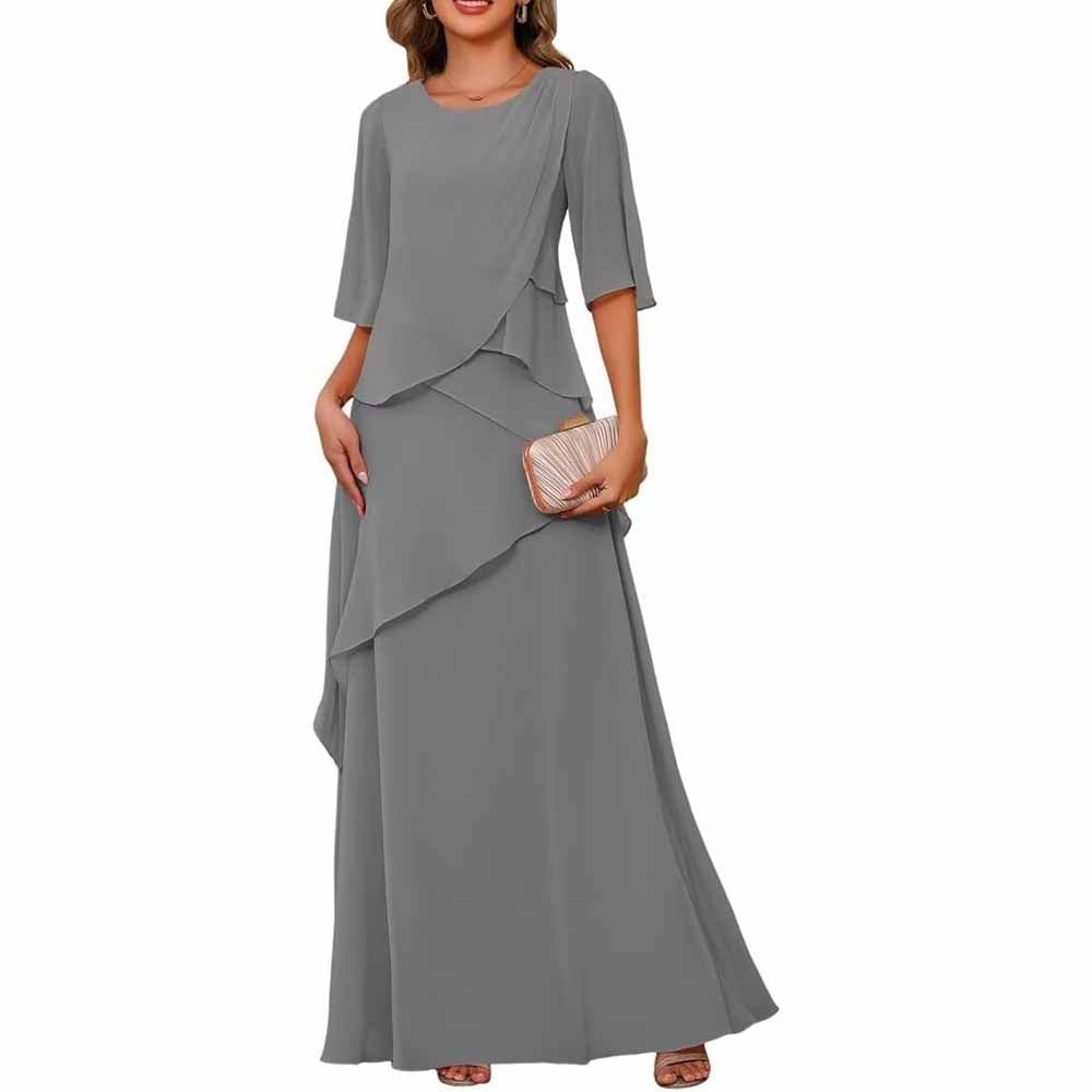 Long Sleeve Mother of The Bride Dresses Chiffon Ruffles Formal Evening Gowns With Sleeves