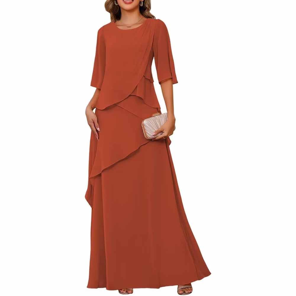 Long Sleeve Mother of The Bride Dresses Chiffon Ruffles Formal Evening Gowns With Sleeves