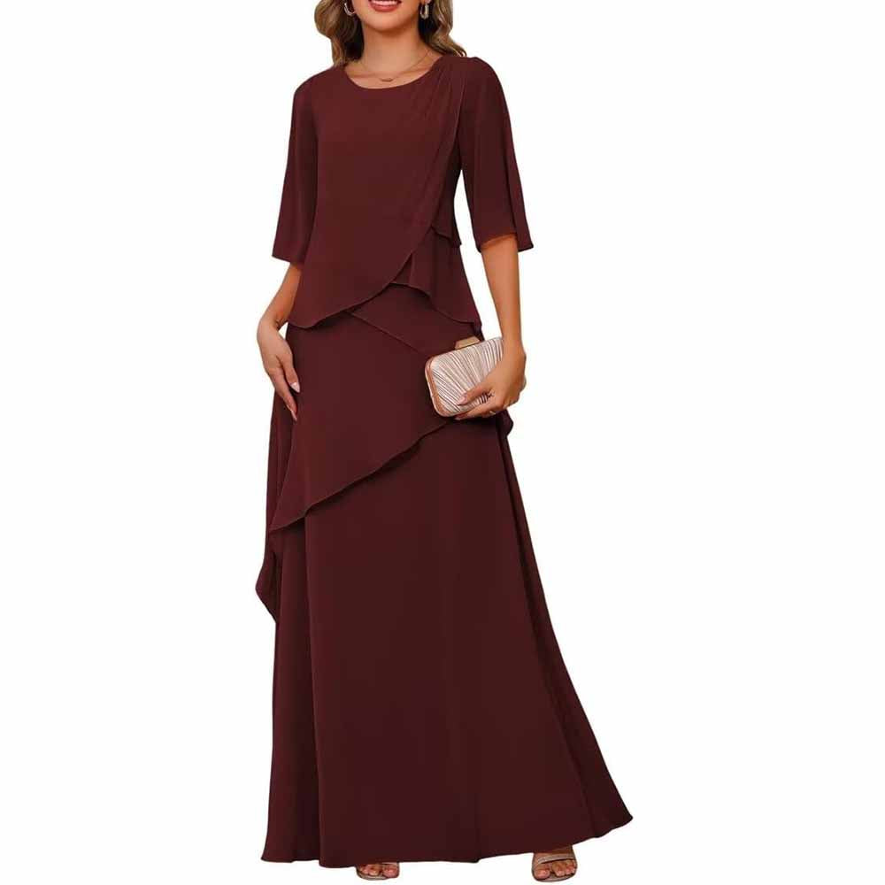 Long Sleeve Mother of The Bride Dresses Chiffon Ruffles Formal Evening Gowns With Sleeves