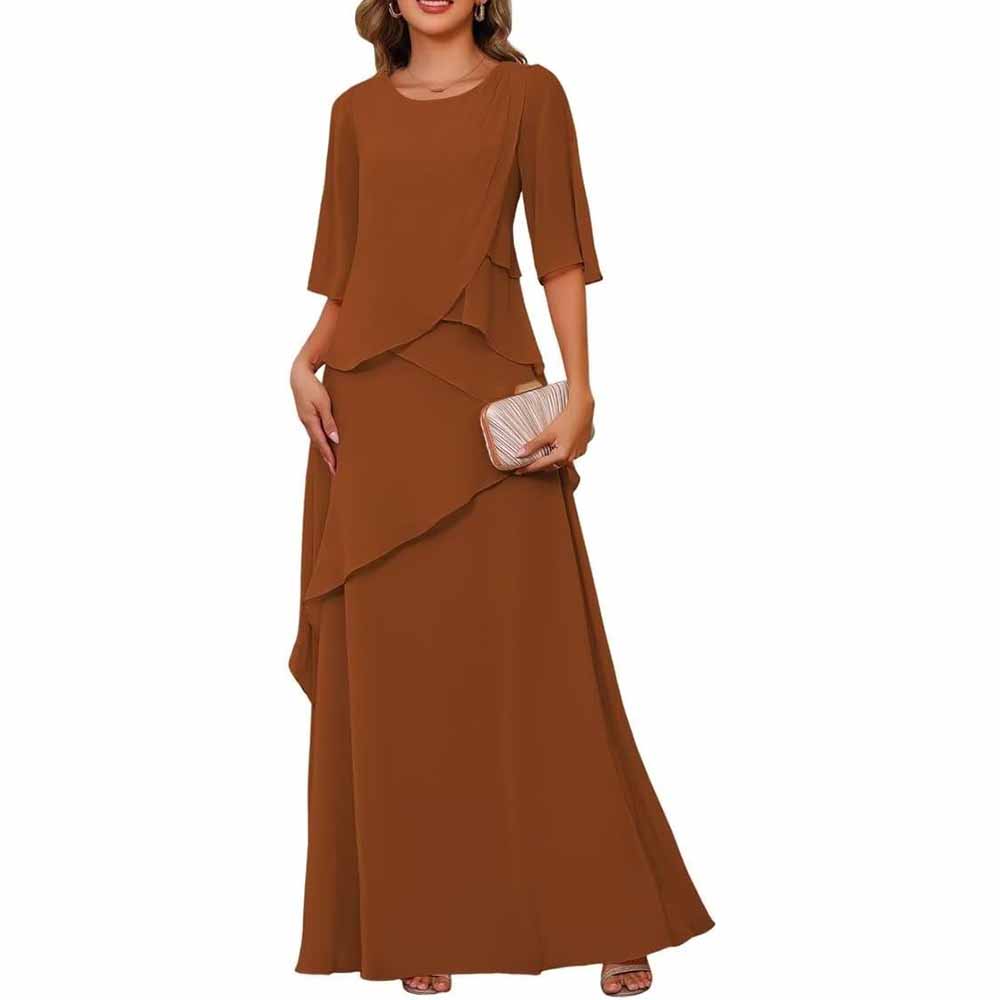 Long Sleeve Mother of The Bride Dresses Chiffon Ruffles Formal Evening Gowns With Sleeves