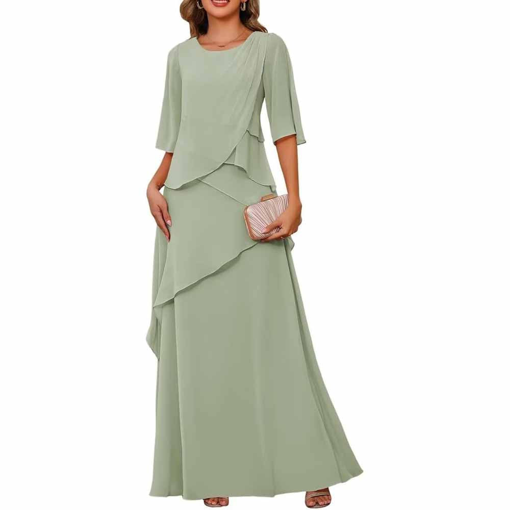 Long Sleeve Mother of The Bride Dresses Chiffon Ruffles Formal Evening Gowns With Sleeves