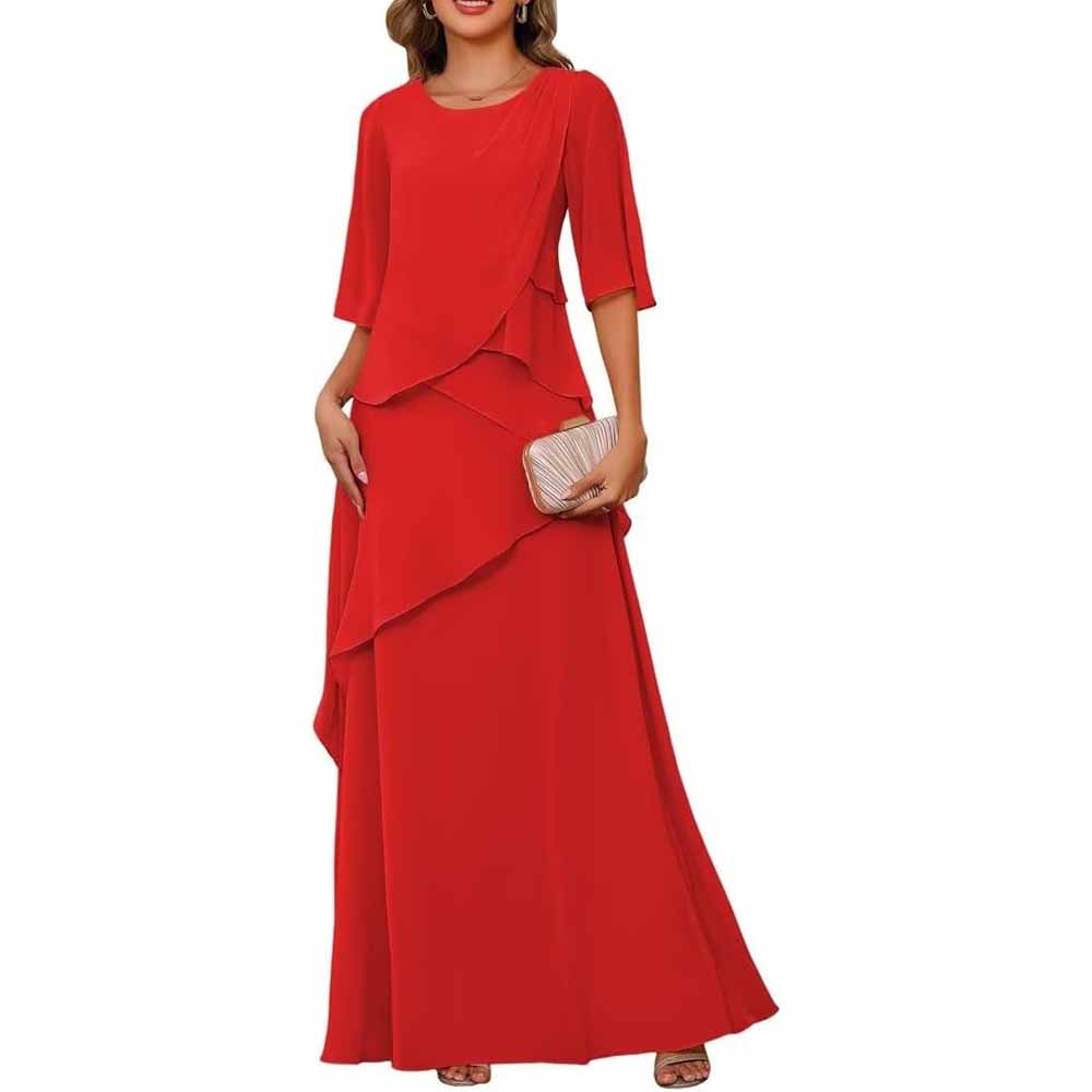 Long Sleeve Mother of The Bride Dresses Chiffon Ruffles Formal Evening Gowns With Sleeves