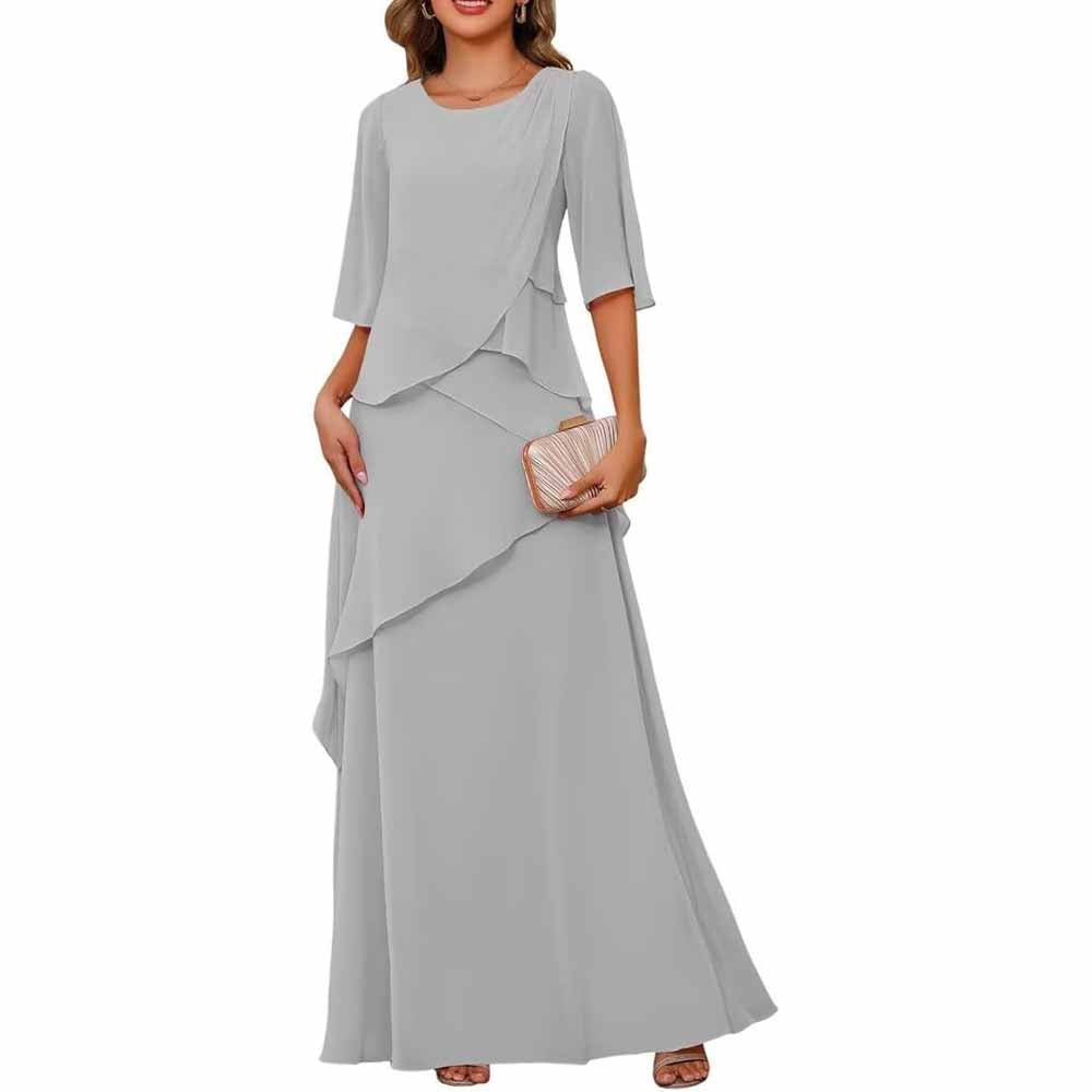 Long Sleeve Mother of The Bride Dresses Chiffon Ruffles Formal Evening Gowns With Sleeves