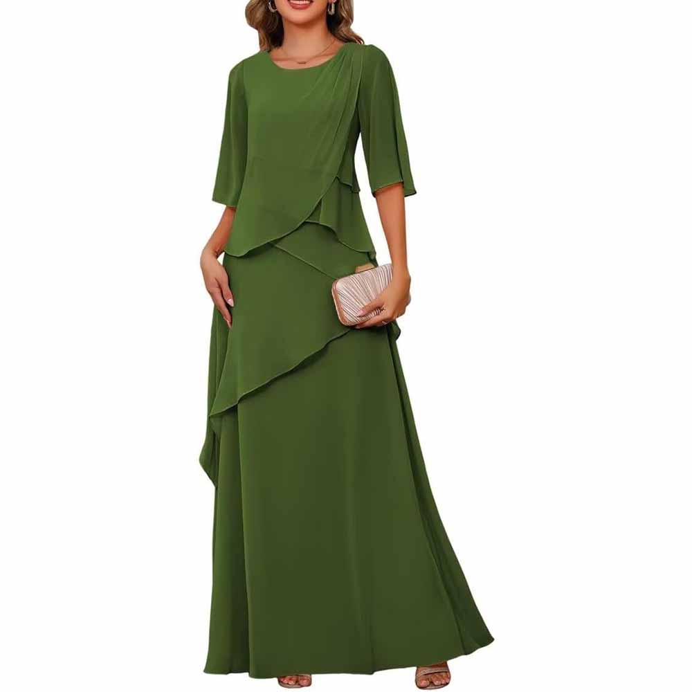 Long Sleeve Mother of The Bride Dresses Chiffon Ruffles Formal Evening Gowns With Sleeves