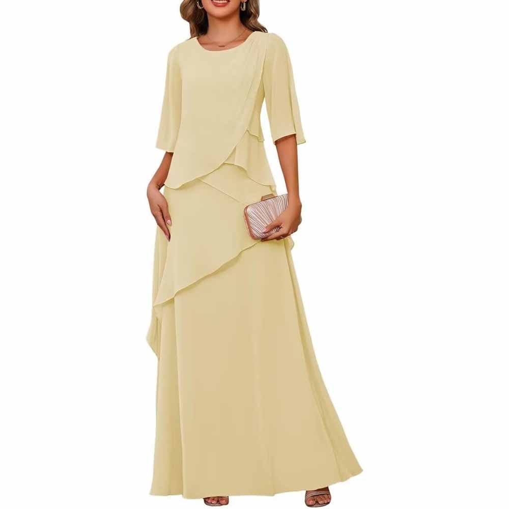 Long Sleeve Mother of The Bride Dresses Chiffon Ruffles Formal Evening Gowns With Sleeves