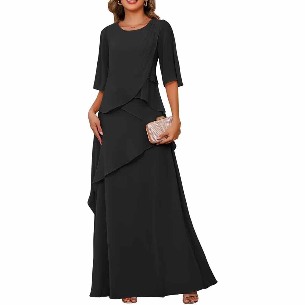 Long Sleeve Mother of The Bride Dresses Chiffon Ruffles Formal Evening Gowns With Sleeves