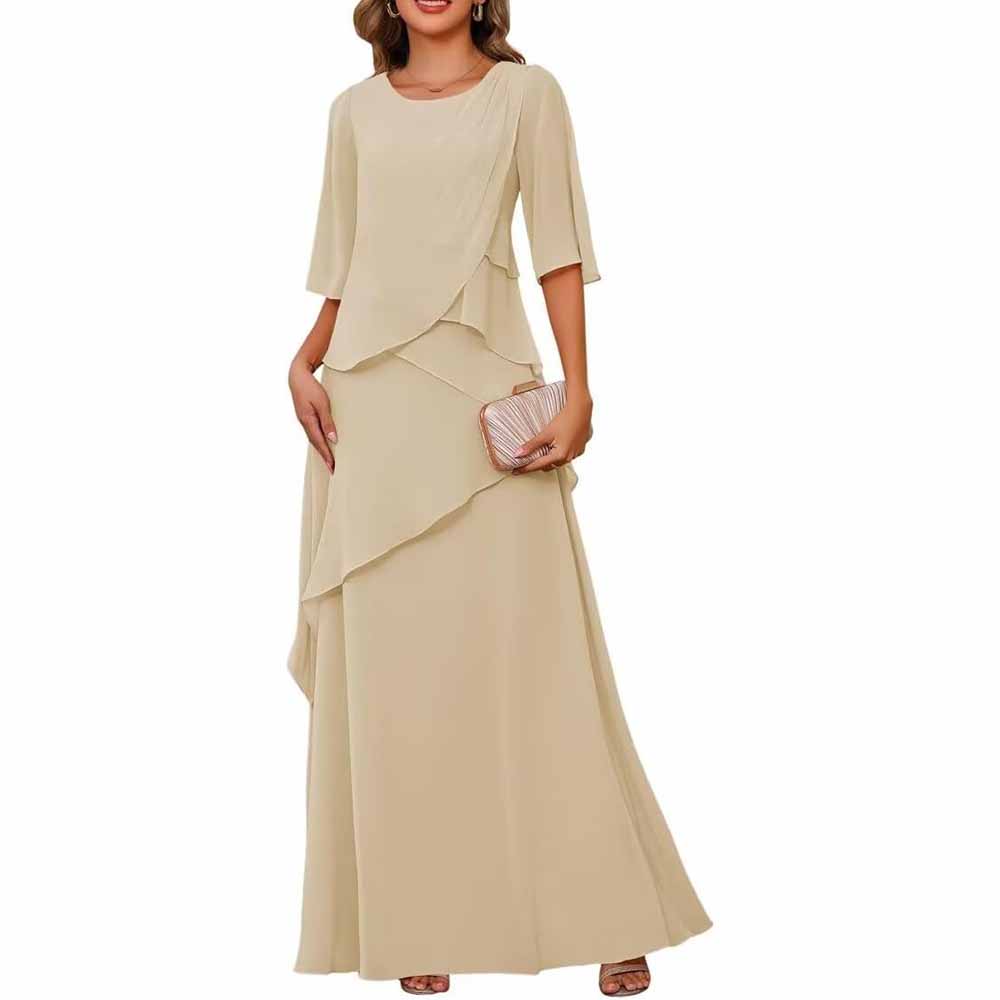 Long Sleeve Mother of The Bride Dresses Chiffon Ruffles Formal Evening Gowns With Sleeves