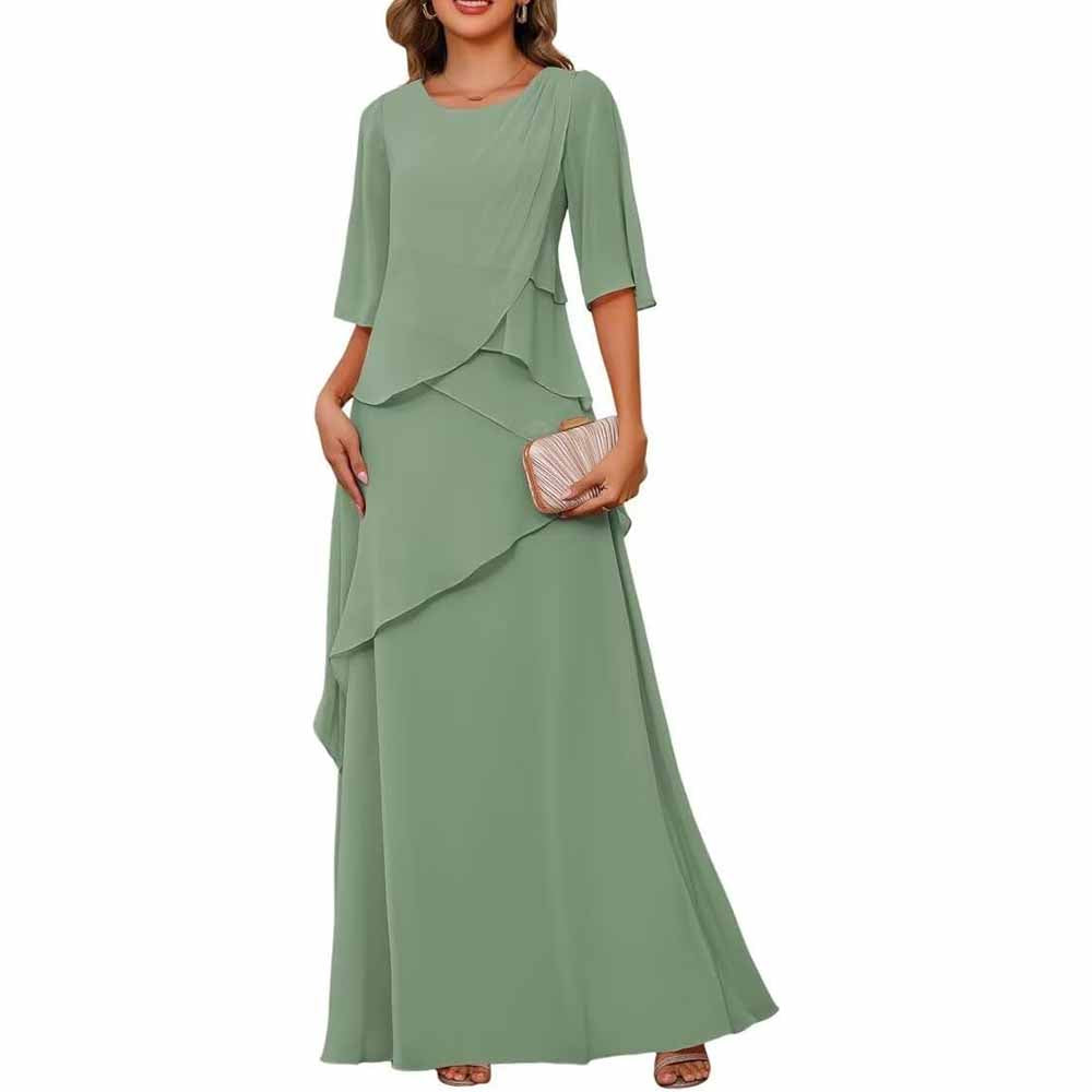 Long Sleeve Mother of The Bride Dresses Chiffon Ruffles Formal Evening Gowns With Sleeves