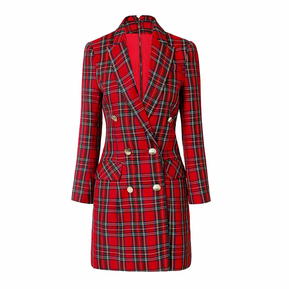 Long Sleeve Red Checked Blazer Dress