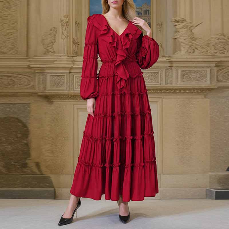 Long Sleeve Red Ruffles V-Neck Maxi Dress