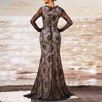 Long Sleeve Round-Neck Mermaid Black Sheer Mesh Prom Dress