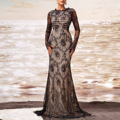 Long Sleeve Round-Neck Mermaid Black Sheer Mesh Prom Dress