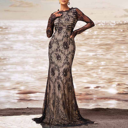 Long Sleeve Round-Neck Mermaid Black Sheer Mesh Prom Dress