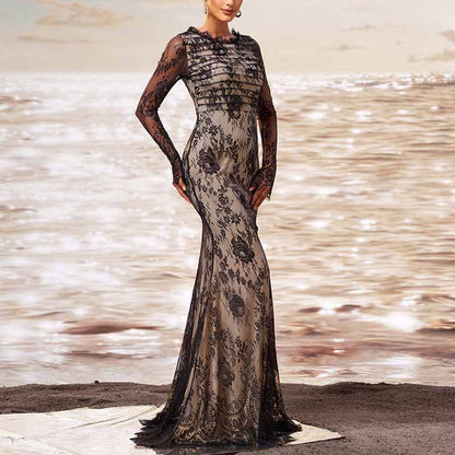 Long Sleeve Round-Neck Mermaid Black Sheer Mesh Prom Dress