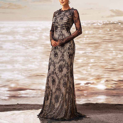 Long Sleeve Round-Neck Mermaid Black Sheer Mesh Prom Dress