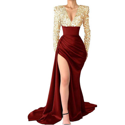 Sequin Mermaid Prom Dresses Long Sleeve Satin Sparkly Evening Formal Wedding Gown