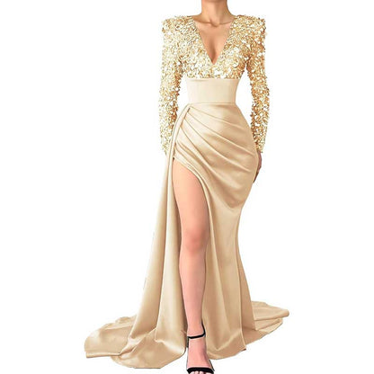 Sequin Mermaid Prom Dresses Long Sleeve Satin Sparkly Evening Formal Wedding Gown