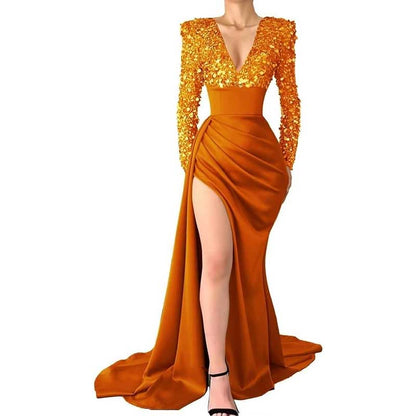 Sequin Mermaid Prom Dresses Long Sleeve Satin Sparkly Evening Formal Wedding Gown