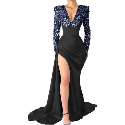 Sequin Mermaid Prom Dresses Long Sleeve Satin Sparkly Evening Formal Wedding Gown