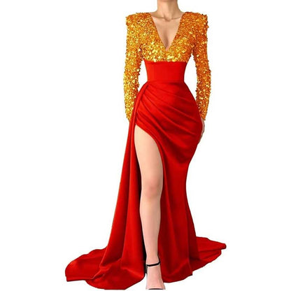 Sequin Mermaid Prom Dresses Long Sleeve Satin Sparkly Evening Formal Wedding Gown
