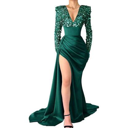 Sequin Mermaid Prom Dresses Long Sleeve Satin Sparkly Evening Formal Wedding Gown