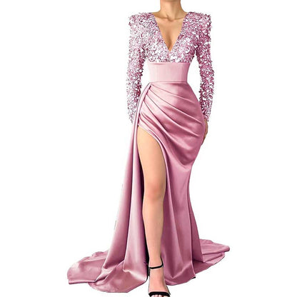 Sequin Mermaid Prom Dresses Long Sleeve Satin Sparkly Evening Formal Wedding Gown