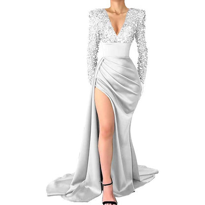 Sequin Mermaid Prom Dresses Long Sleeve Satin Sparkly Evening Formal Wedding Gown