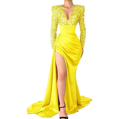 Sequin Mermaid Prom Dresses Long Sleeve Satin Sparkly Evening Formal Wedding Gown