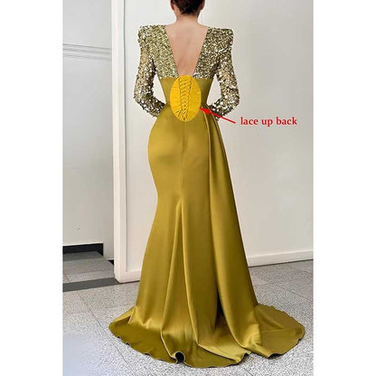 Sequin Mermaid Prom Dresses Long Sleeve Satin Sparkly Evening Formal Wedding Gown