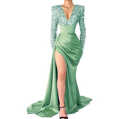 Sequin Mermaid Prom Dresses Long Sleeve Satin Sparkly Evening Formal Wedding Gown