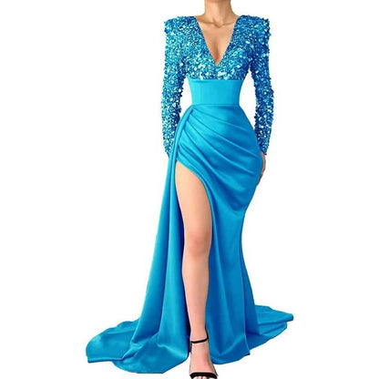 Sequin Mermaid Prom Dresses Long Sleeve Satin Sparkly Evening Formal Wedding Gown