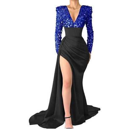 Sequin Mermaid Prom Dresses Long Sleeve Satin Sparkly Evening Formal Wedding Gown