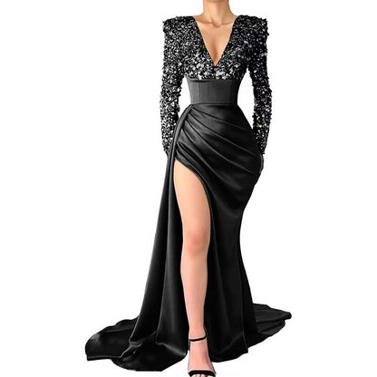 Sequin Mermaid Prom Dresses Long Sleeve Satin Sparkly Evening Formal Wedding Gown