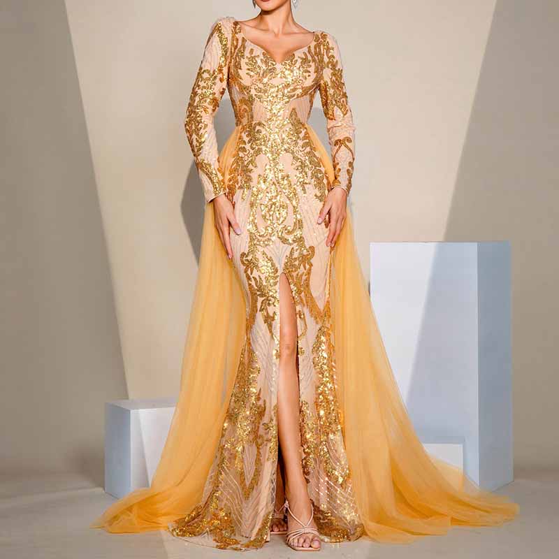 Long Sleeve Split Gold Sequin Maxi Dress Wedding Ball Gown