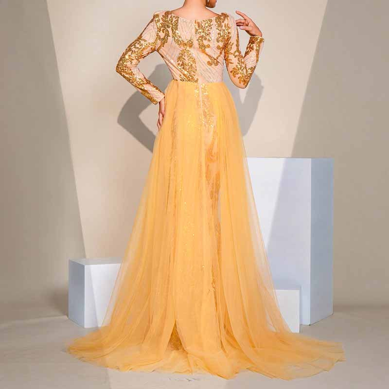 Long Sleeve Split Gold Sequin Maxi Dress Wedding Ball Gown