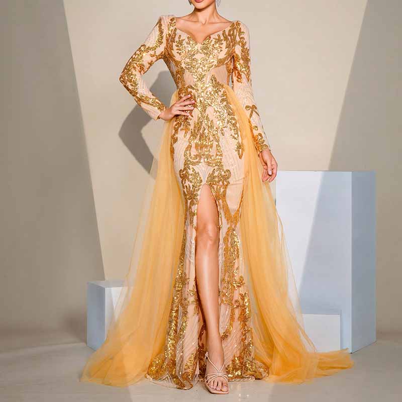 Long Sleeve Split Gold Sequin Maxi Dress Wedding Ball Gown