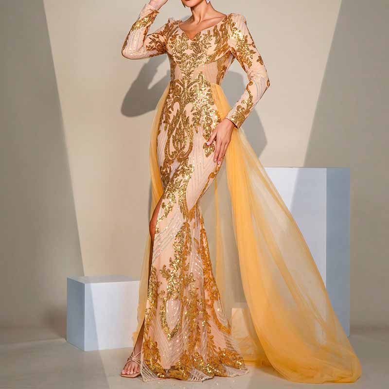 Long Sleeve Split Gold Sequin Maxi Dress Wedding Ball Gown