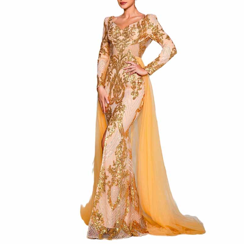 Long Sleeve Split Gold Sequin Maxi Dress Wedding Ball Gown