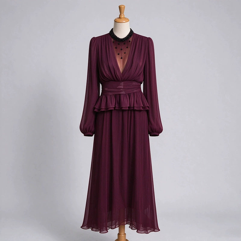 Women's Elegant Beaded Long Sleeve Top & Midi Skirt Two-Piece Set