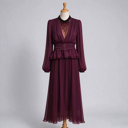 Women's Elegant Beaded Long Sleeve Top & Midi Skirt Two-Piece Set