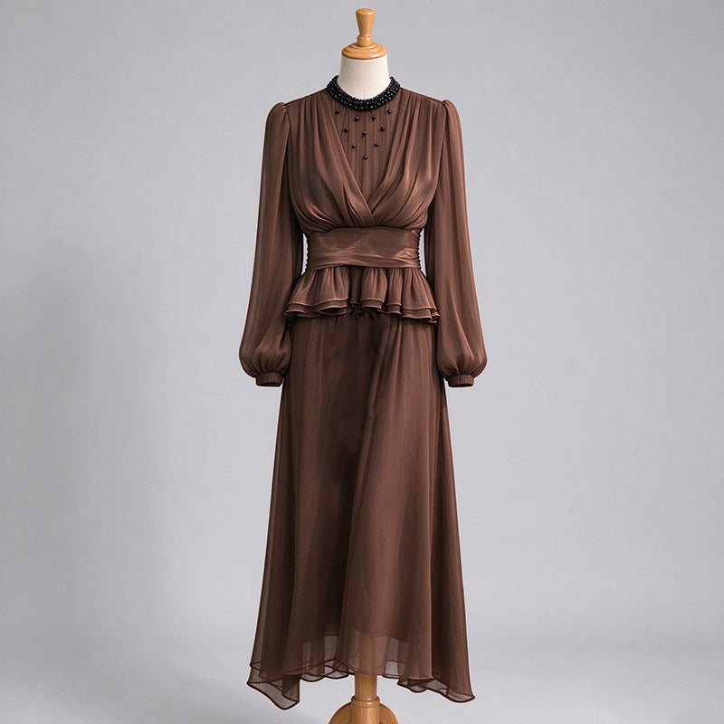Women's Elegant Beaded Long Sleeve Top & Midi Skirt Two-Piece Set