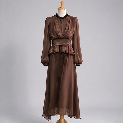 Women's Elegant Beaded Long Sleeve Top & Midi Skirt Two-Piece Set