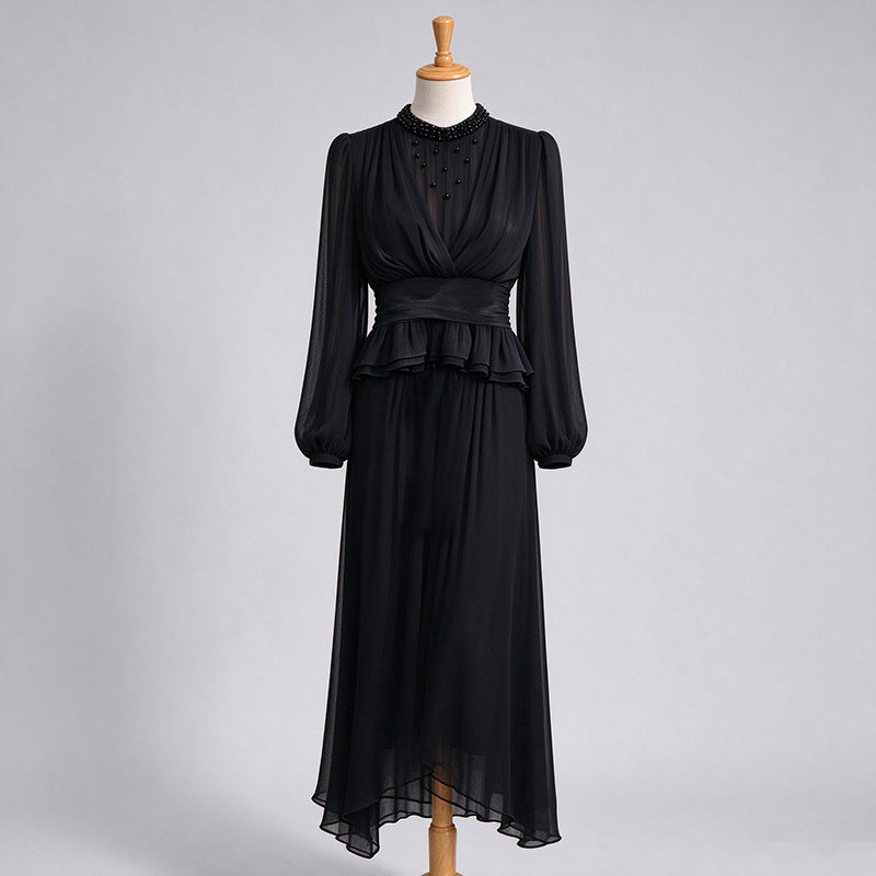 Women's Elegant Beaded Long Sleeve Top & Midi Skirt Two-Piece Set