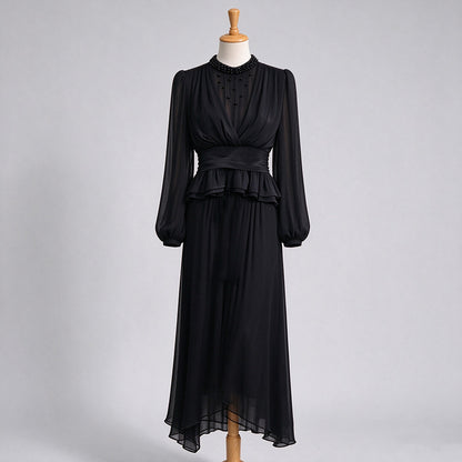 Women's Elegant Beaded Long Sleeve Top & Midi Skirt Two-Piece Set