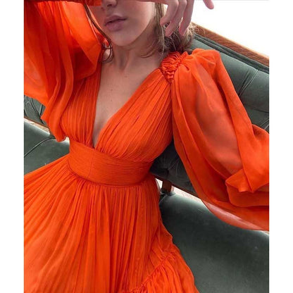 Long Sleeve Tulle Prom Dresses V Neck Formal Long Princess Dress Wedding Gown