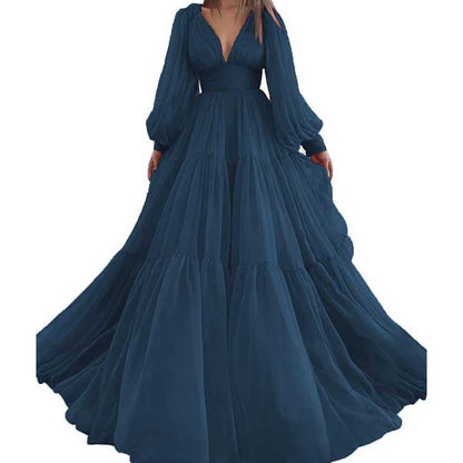 Long Sleeve Tulle Prom Dresses V Neck Formal Long Princess Dress Wedding Gown